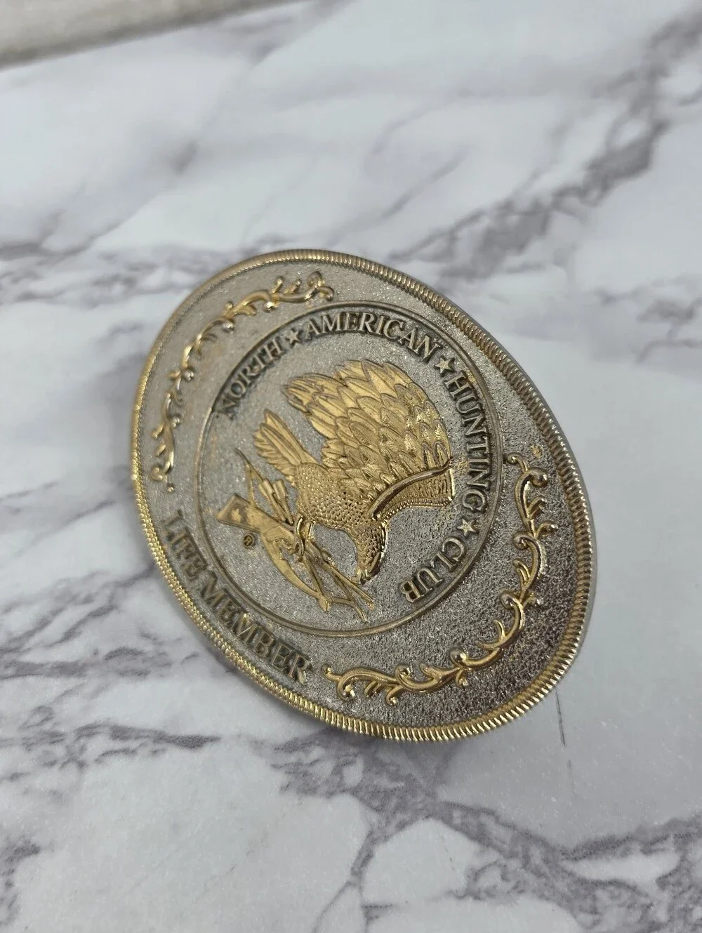 Vintage North American Hunting Club Life Member Oval Belt Buckle Gold Silver